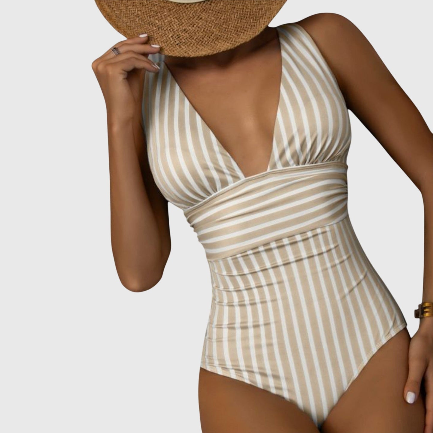 Beige and white striped v-neck one-piece swimsuit with ruched waist detail