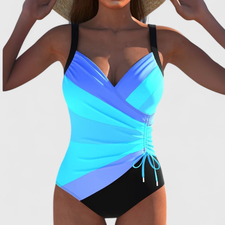 Turquoise and purple ombre wrap bodice one-piece swimsuit with black bottom