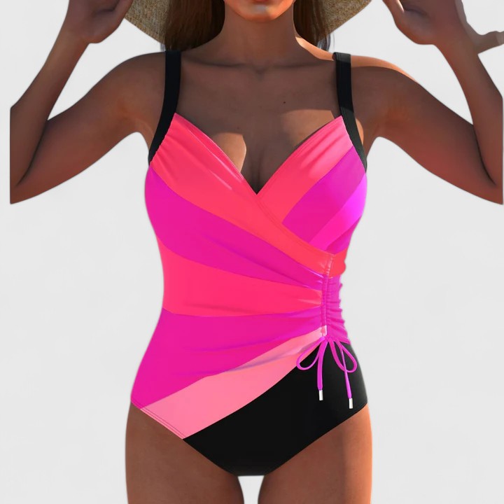 pink and coral wrap bodice one-piece swimsuit with black bottom