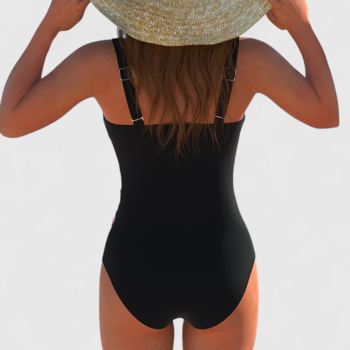 Black one-piece swimsuit back view with adjustable straps