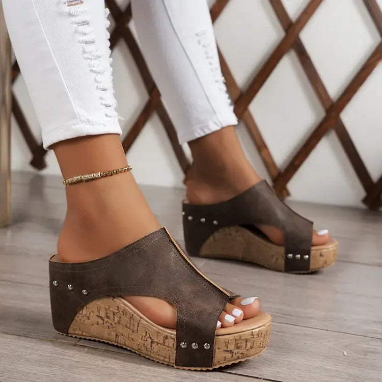 Taupe suede studded cork wedge sandals with cutout front detail