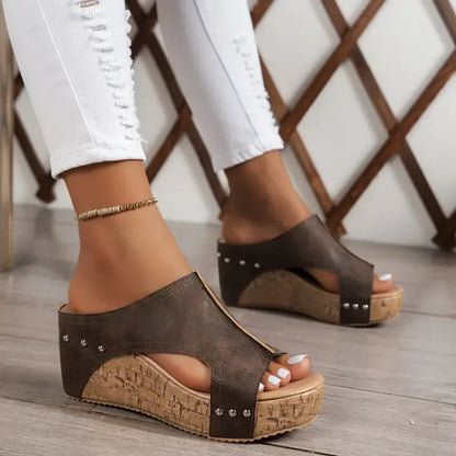 Taupe suede studded cork wedge sandals with cutout front detail