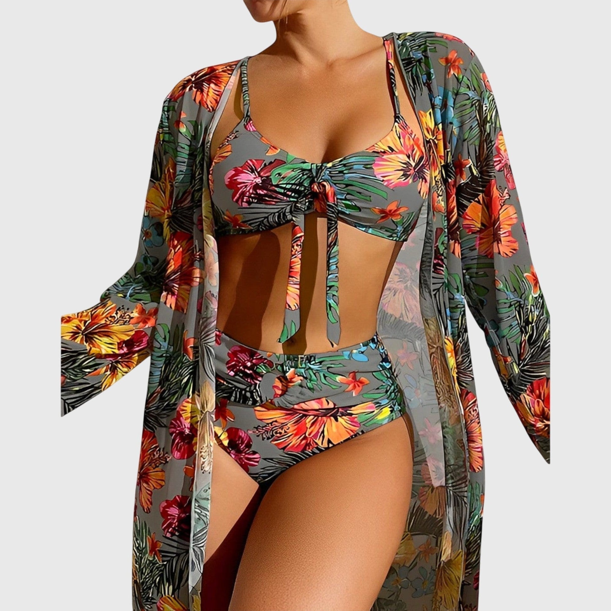 Gray tropical floral bikini set with ruched bikini top and high-waist bottoms with flowing cover-up
