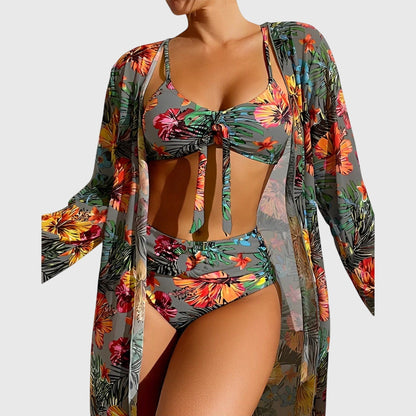 Gray tropical floral bikini set with ruched bikini top and high-waist bottoms with flowing cover-up