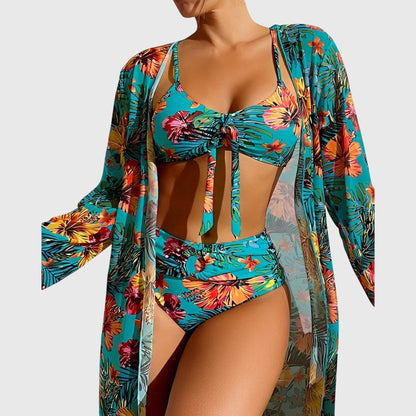 Teal tropical floral bikini set with ruched top, high-waist bottoms, and matching cover-up robe