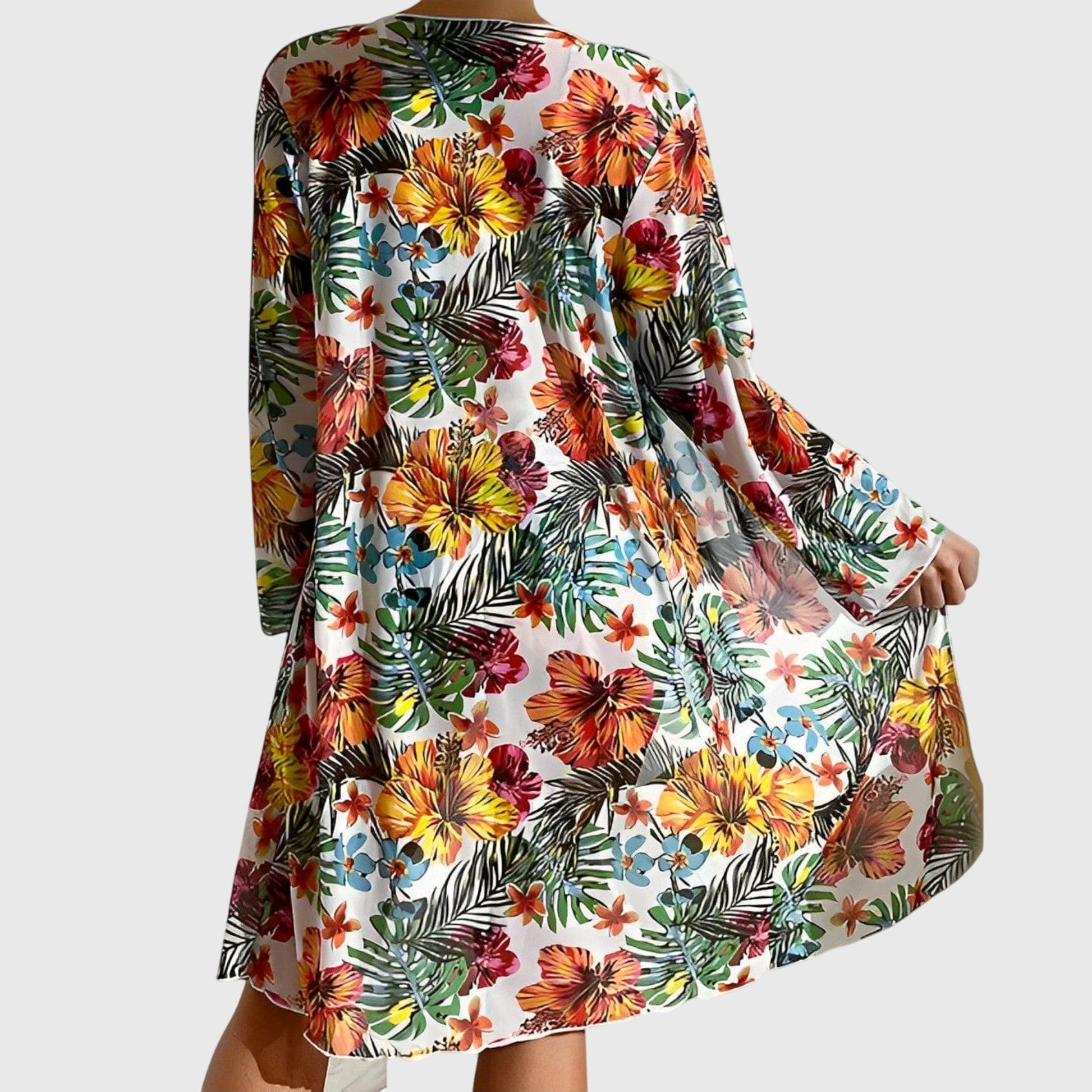 White tropical floral cover-up robe back view with long sleeves and flowing midi length