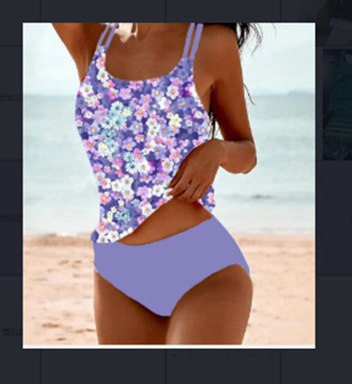 Women's ornamental print tank swimsuit with purple floral design and lavender bottom