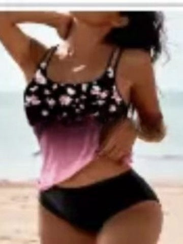 Women's ornamental print tank swimsuit with dark purple floral top and pink ombre, black bottoms