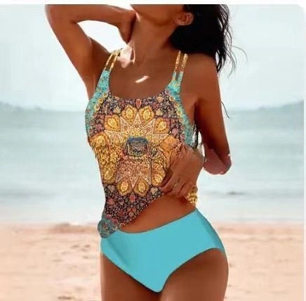 Women's ornamental print tank swimsuit with turquoise and gold mandala floral, turquoise bottoms