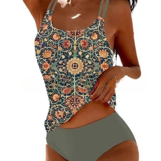 Women's ornamental print tank swimsuit with green and coral floral pattern, sage green bottoms