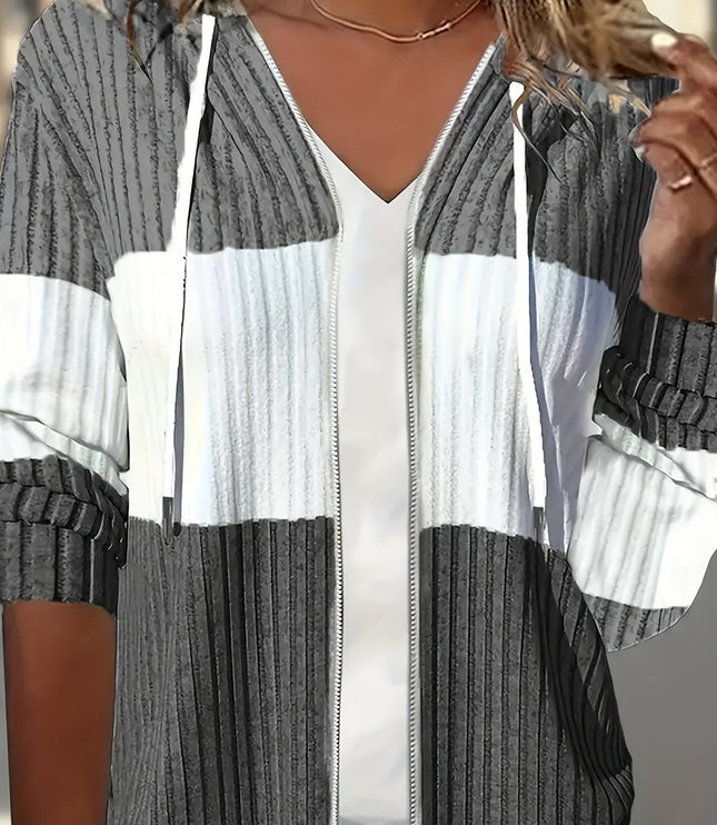 Women's Textured Drawstring Hooded Full Zip Jacket