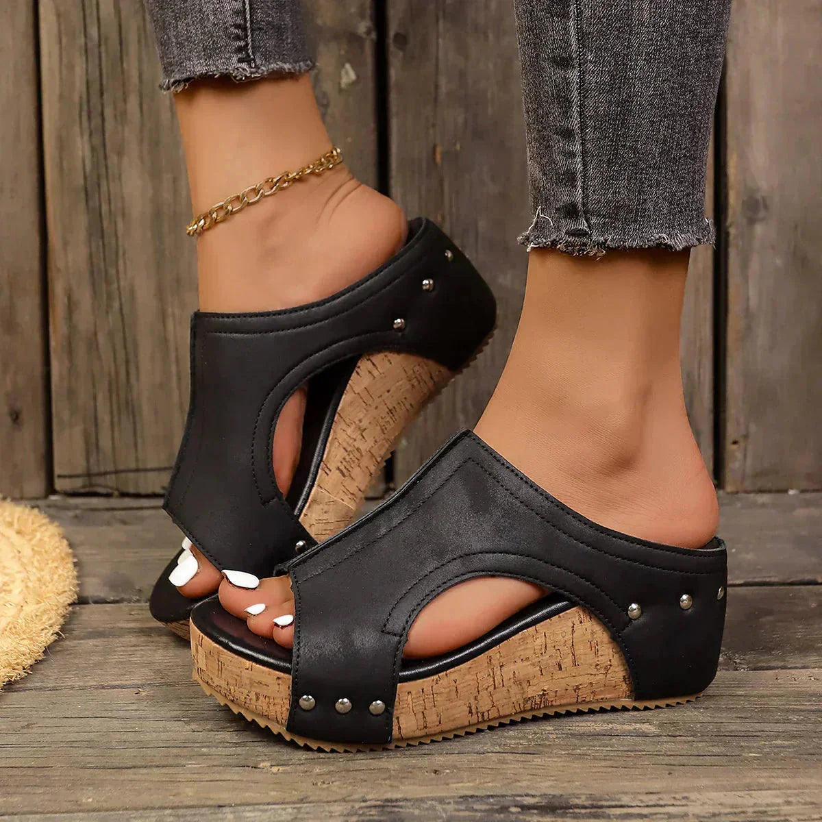 Black leather stud open toe wedge platform sandal with cork sole