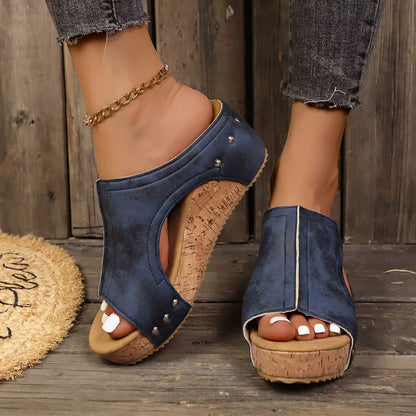 Navy suede stud open toe wedge platform sandal with cork heel