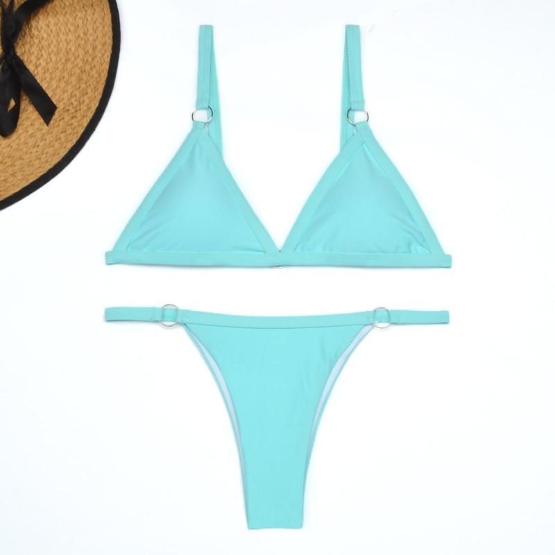 Turquoise triangle bikini top with metal ring closures, solid design