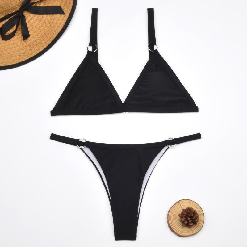 Black solid triangle bikini with metal ring details flat lay