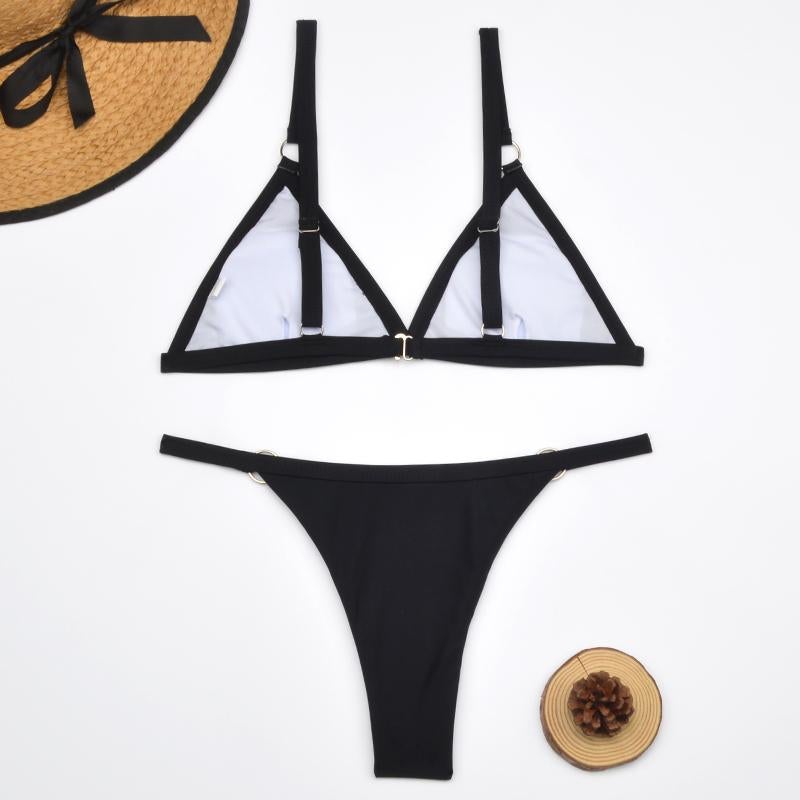 Black sheer triangle bikini with metal ring hardware overhead
