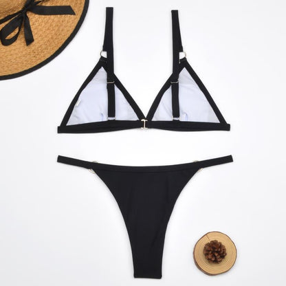 Black sheer triangle bikini with metal ring hardware overhead