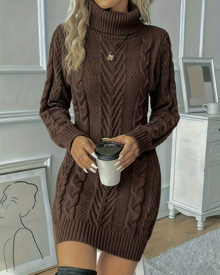 Women's Turtleneck Mini Sweater Dress in Chunky Cable Knit