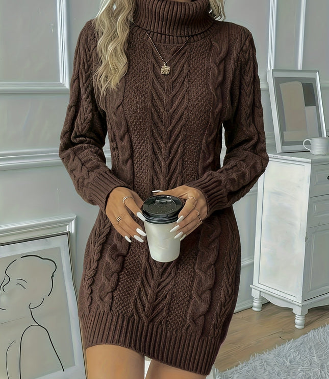 Women's Turtleneck Mini Sweater Dress in Chunky Cable Knit