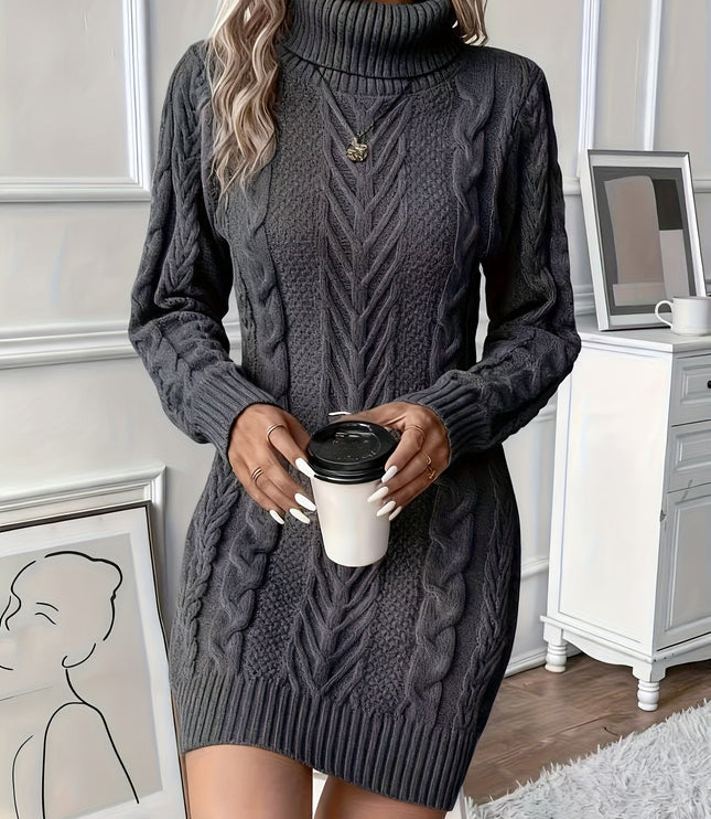 Women's Turtleneck Mini Sweater Dress in Chunky Cable Knit