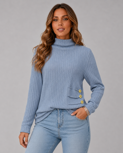 Women's Turtleneck Sweater with Ribbed Knit Button Hem