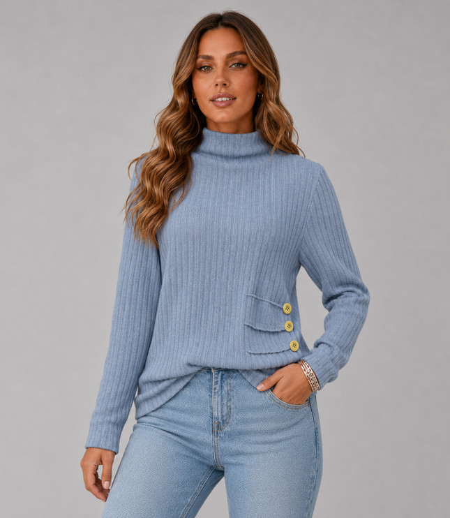 Women's Turtleneck Sweater with Ribbed Knit Button Hem