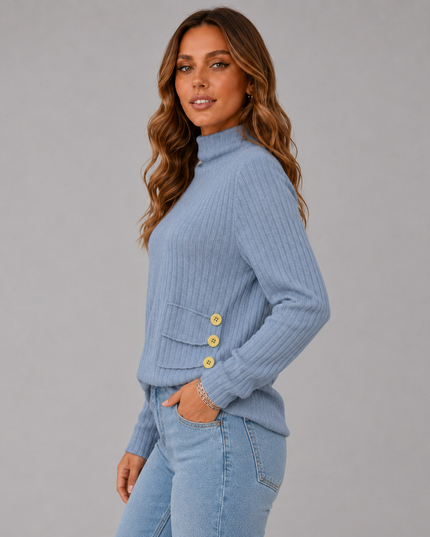 Women's Turtleneck Sweater with Ribbed Knit Button Hem