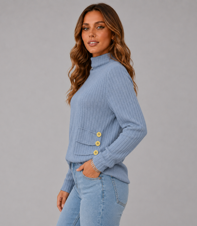 Women's Turtleneck Sweater with Ribbed Knit Button Hem