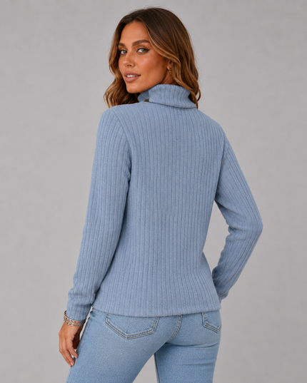 Women's Turtleneck Sweater with Ribbed Knit Button Hem