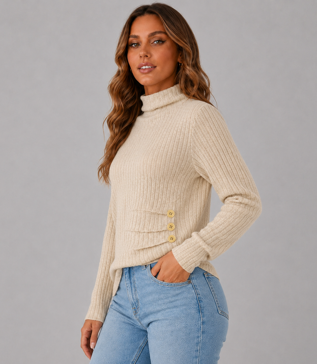 Women's Turtleneck Sweater with Ribbed Knit Button Hem