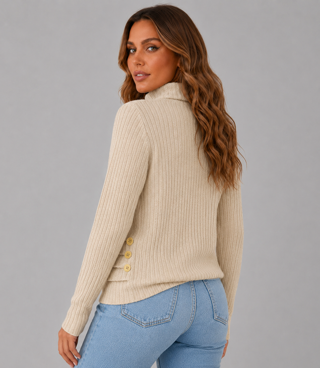 Women's Turtleneck Sweater with Ribbed Knit Button Hem