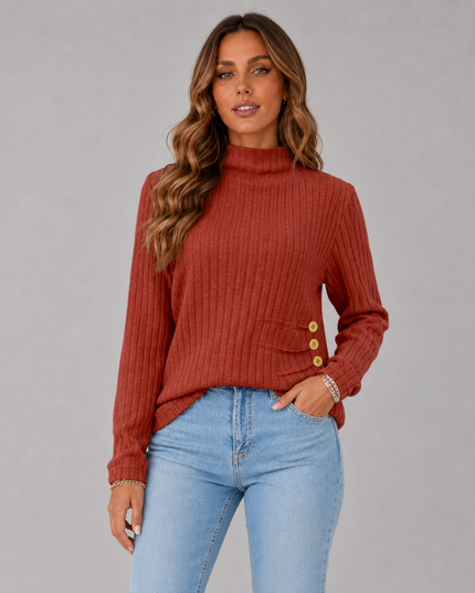 Women's Turtleneck Sweater with Ribbed Knit Button Hem