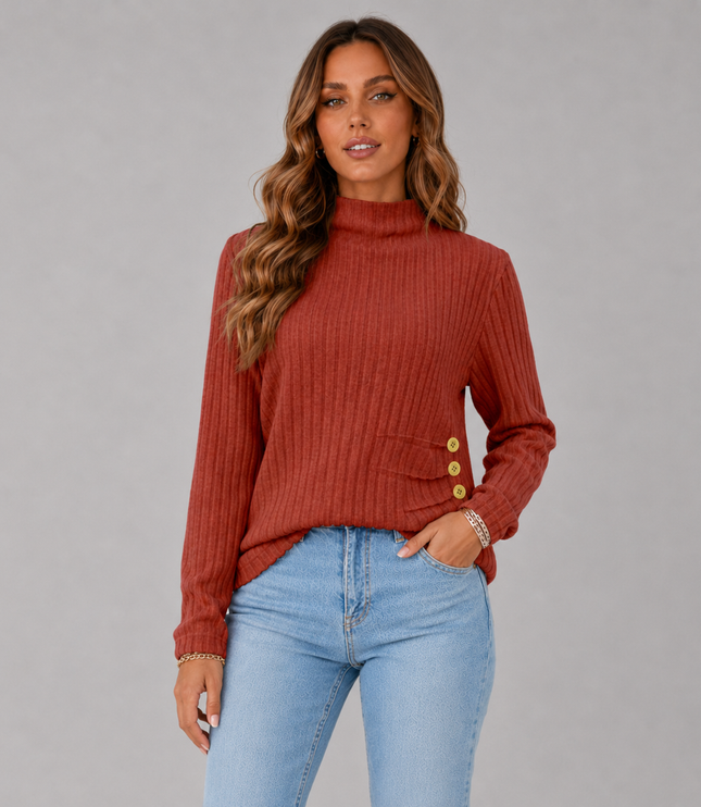 Women's Turtleneck Sweater with Ribbed Knit Button Hem