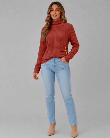 Women's Turtleneck Sweater with Ribbed Knit Button Hem