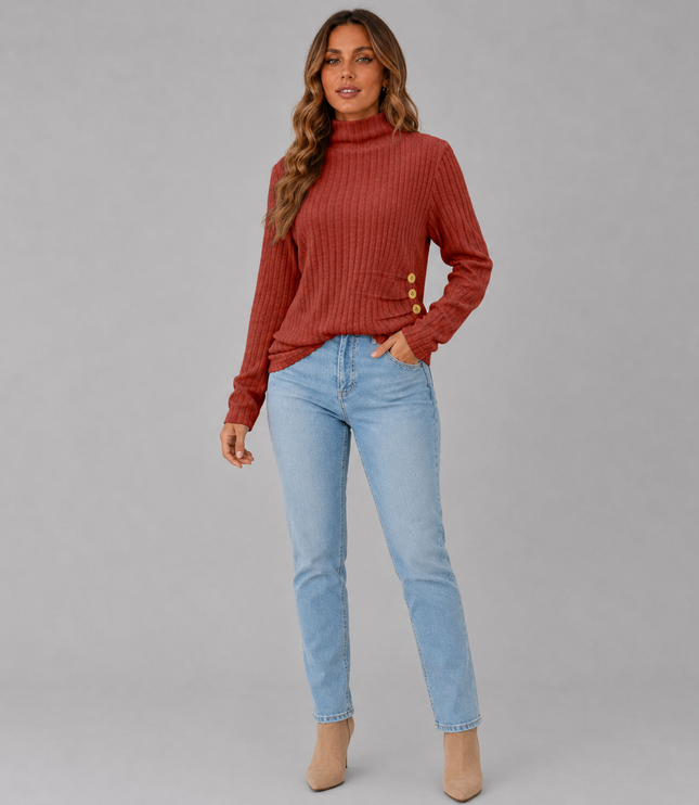 Women's Turtleneck Sweater with Ribbed Knit Button Hem