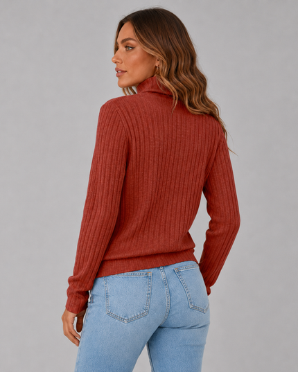 Women's Turtleneck Sweater with Ribbed Knit Button Hem