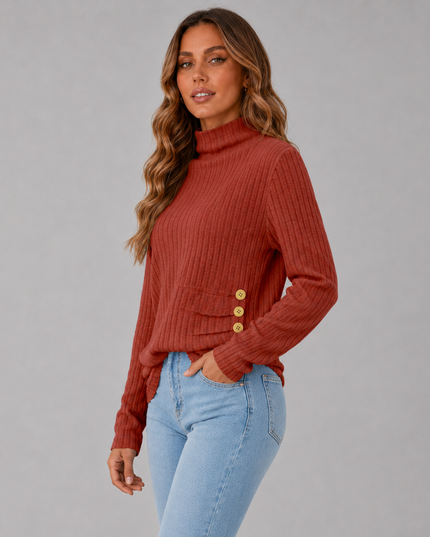 Women's Turtleneck Sweater with Ribbed Knit Button Hem