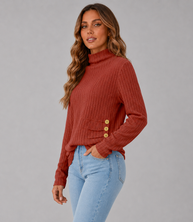 Women's Turtleneck Sweater with Ribbed Knit Button Hem