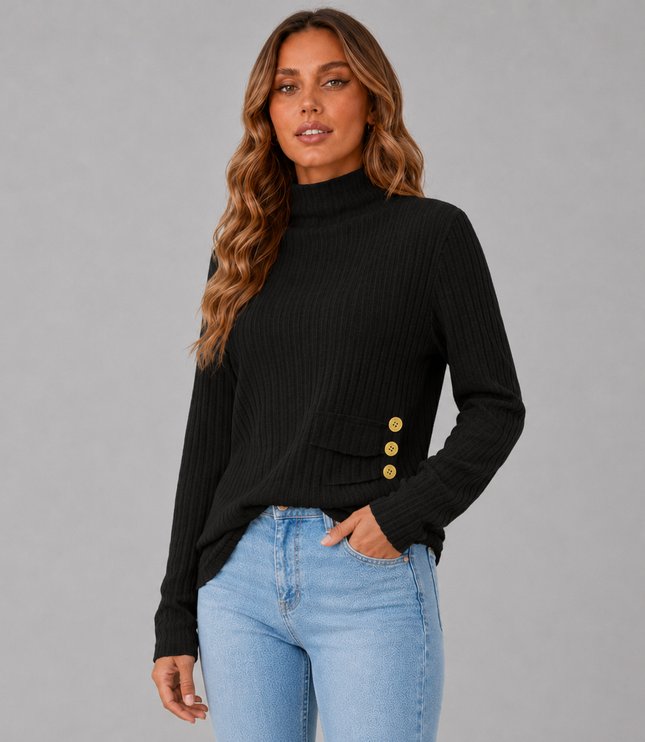 Women's Turtleneck Sweater with Ribbed Knit Button Hem