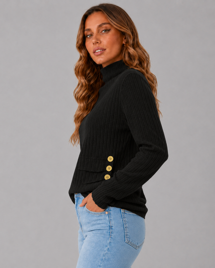 Women's Turtleneck Sweater with Ribbed Knit Button Hem