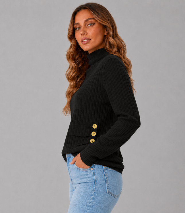 Women's Turtleneck Sweater with Ribbed Knit Button Hem