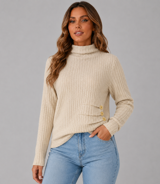 Women's Turtleneck Sweater with Ribbed Knit Button Hem