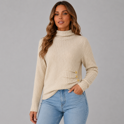 Women's Turtleneck Sweater with Ribbed Knit Button Hem