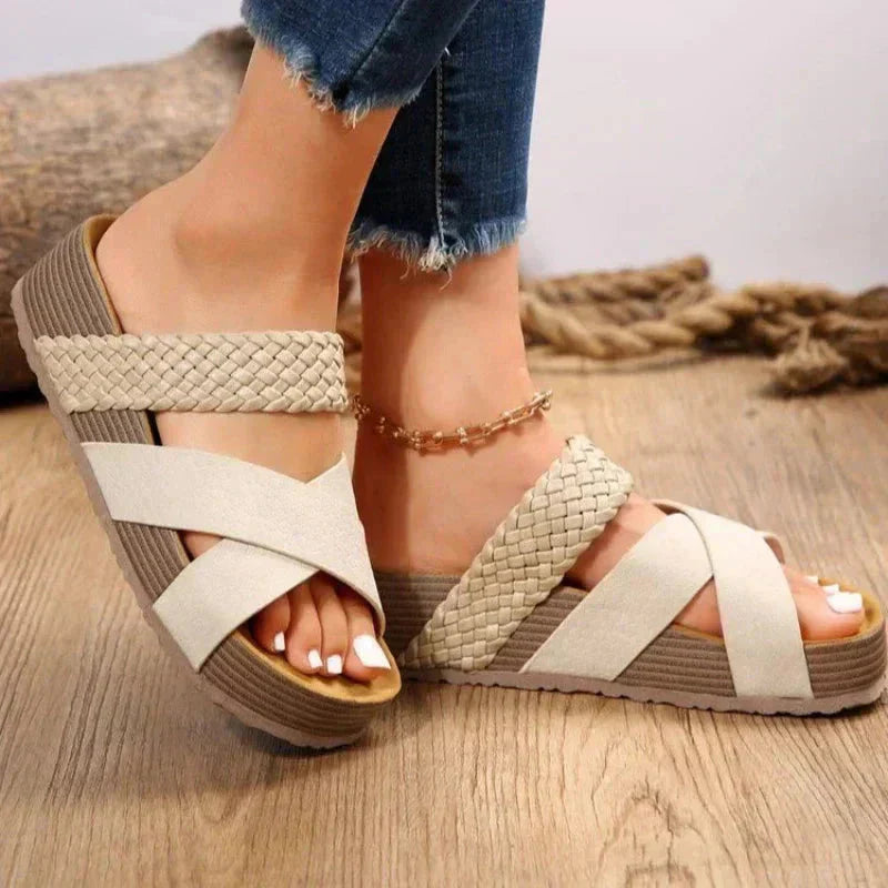 Beige and cream crossover platform sandal with textured footbed detail
