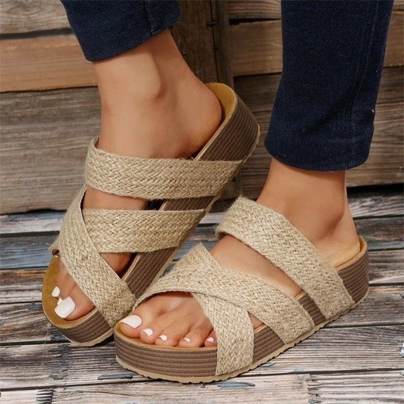 Beige textured platform sandal with padded contoured footbed and wide straps