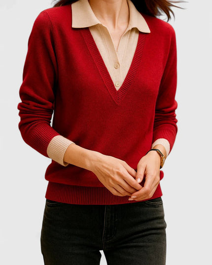 Women's V-Neck Knit Sweater, Polo Collar and Button Cuffs