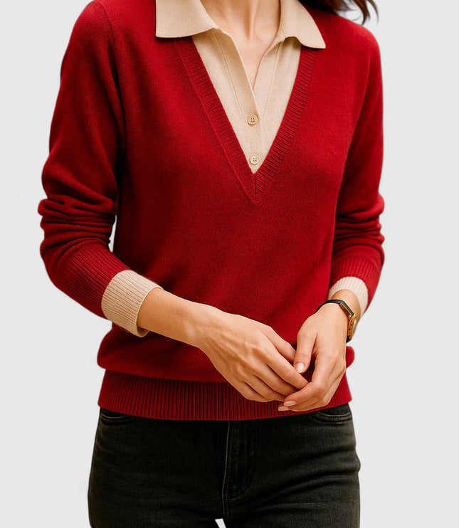 Women's V-Neck Knit Sweater, Polo Collar and Button Cuffs