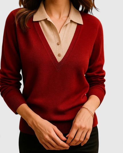Women's V-Neck Knit Sweater, Polo Collar and Button Cuffs
