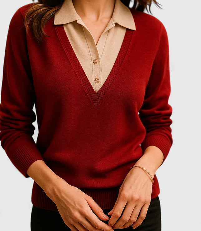 Women's V-Neck Knit Sweater, Polo Collar and Button Cuffs