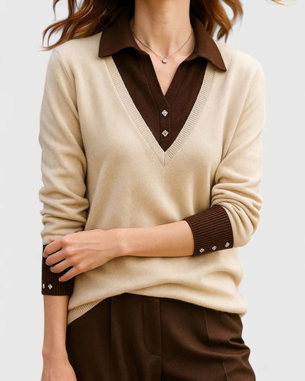 Women's V-Neck Knit Sweater, Polo Collar and Button Cuffs